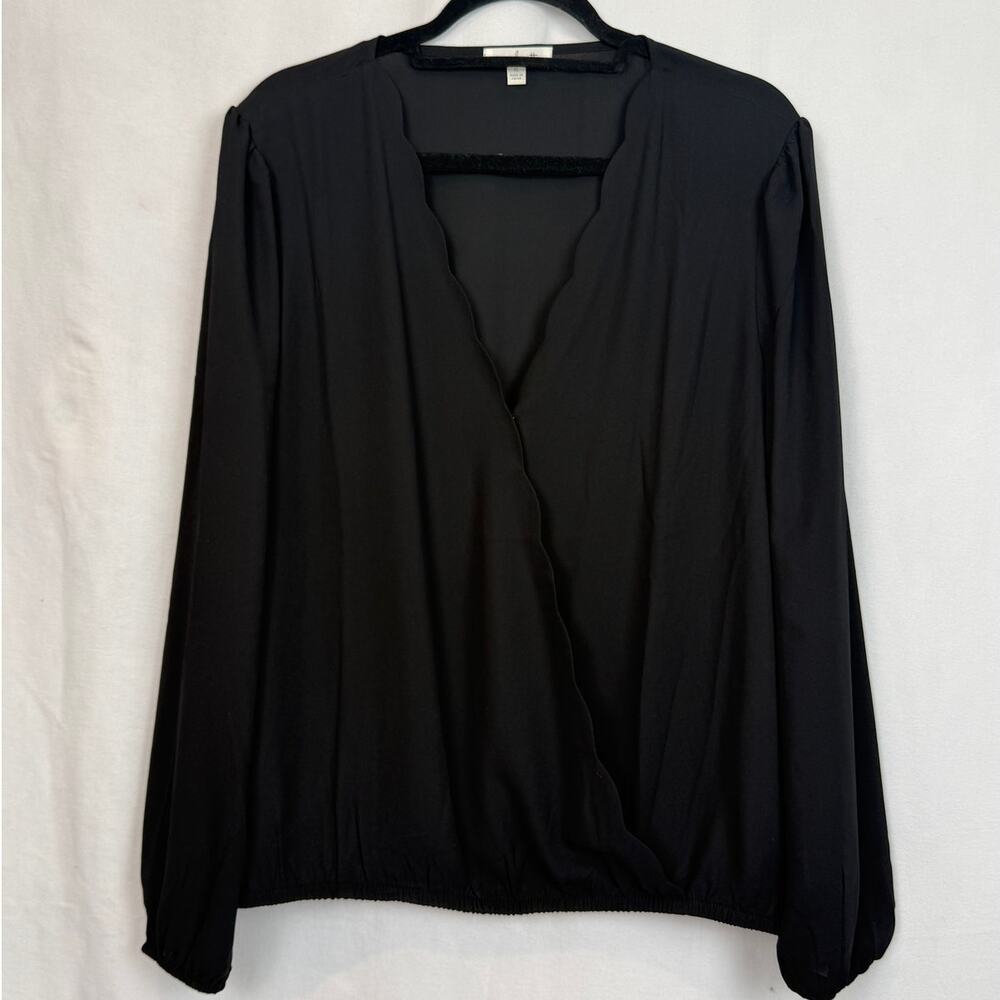 Nine Britton Black Wrap Blouse XL Long Sleeve Surplice Faux Wrap Elasticized